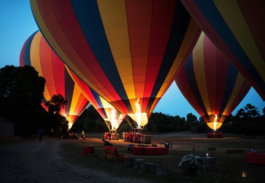 Preparation of four hot-air Balloons in Maasai Mara at dawn